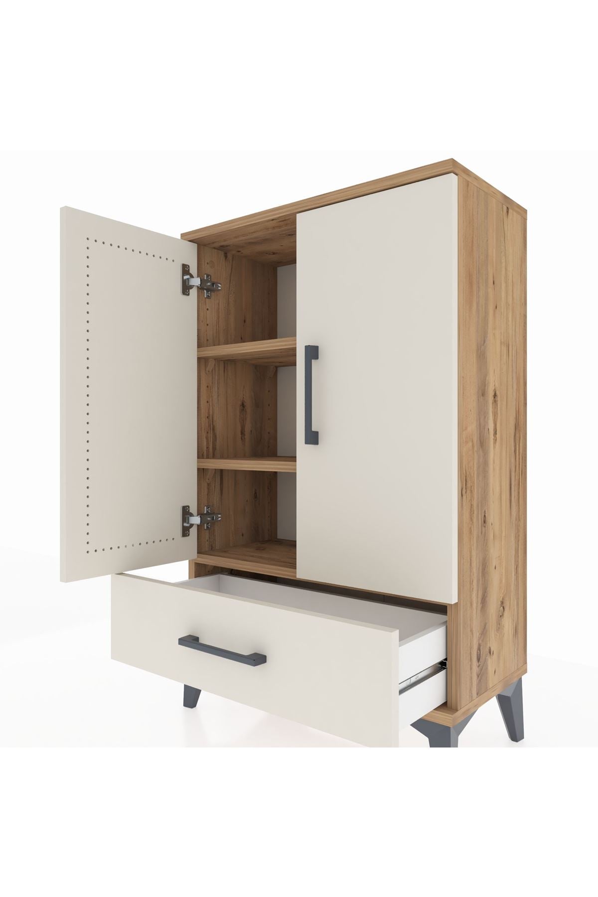 Arges Komodin 2 Raflı Tek Çekmeceli 2 Kapaklı 60x30x96 Çam-Aytaşı