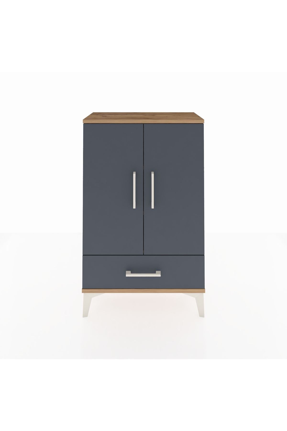 Arges Komodin 2 Raflı Tek Çekmeceli 2 Kapaklı 60x30x96 Çam-Antrasit