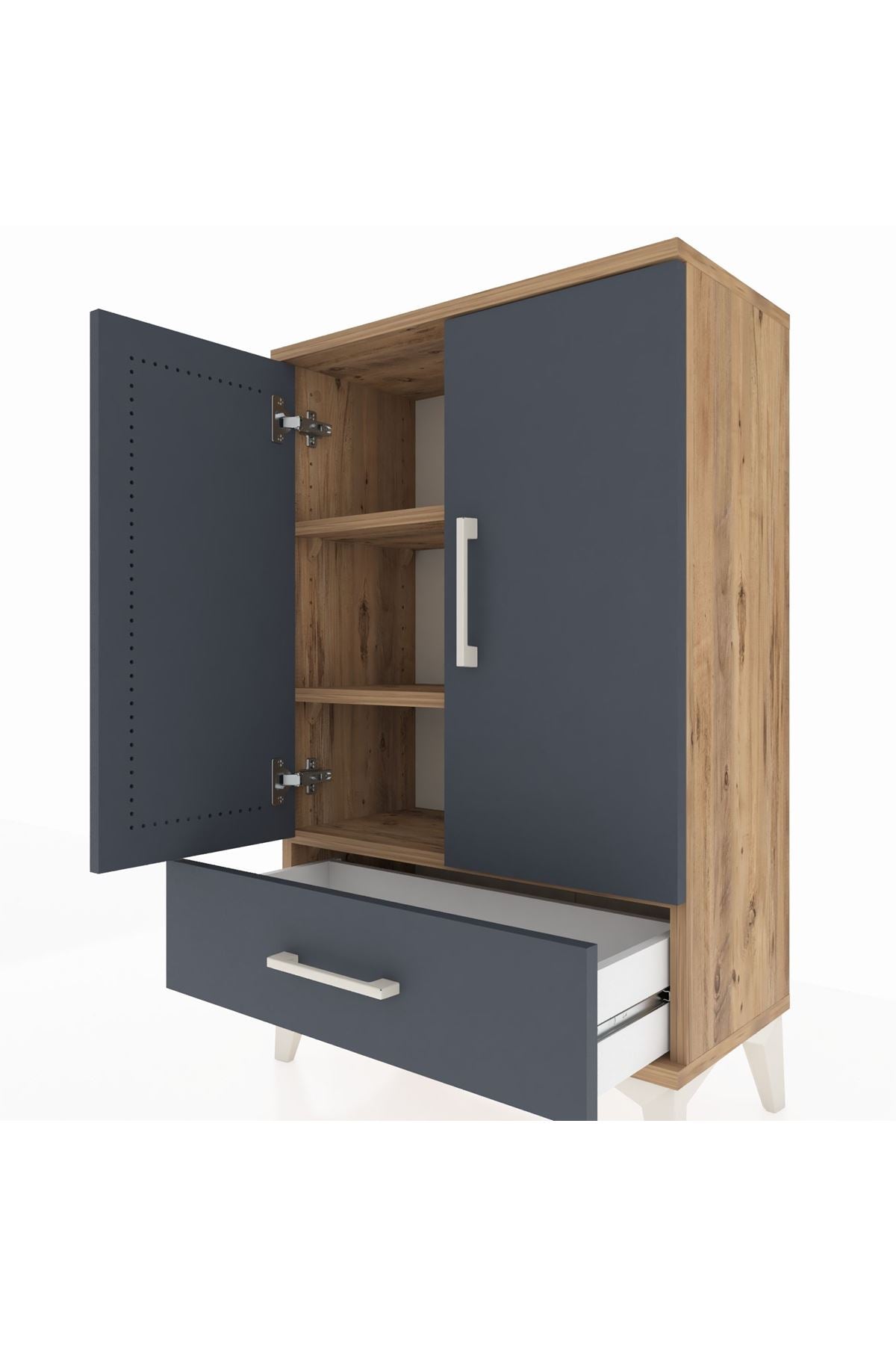 Arges Komodin 2 Raflı Tek Çekmeceli 2 Kapaklı 60x30x96 Çam-Antrasit