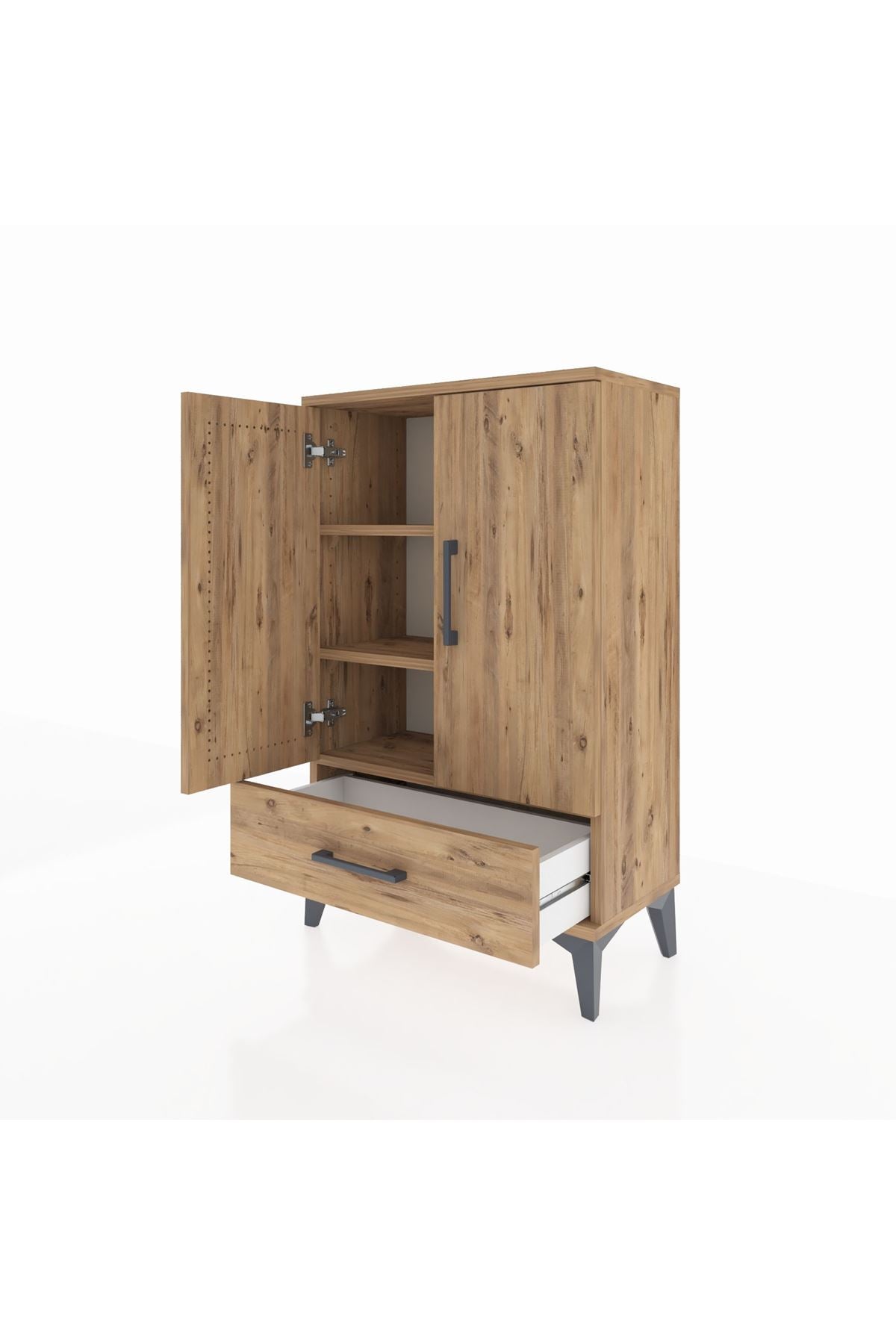 Arges Komodin 2 Raflı Tek Çekmeceli 2 Kapaklı 60x30x96 Çam-Çam