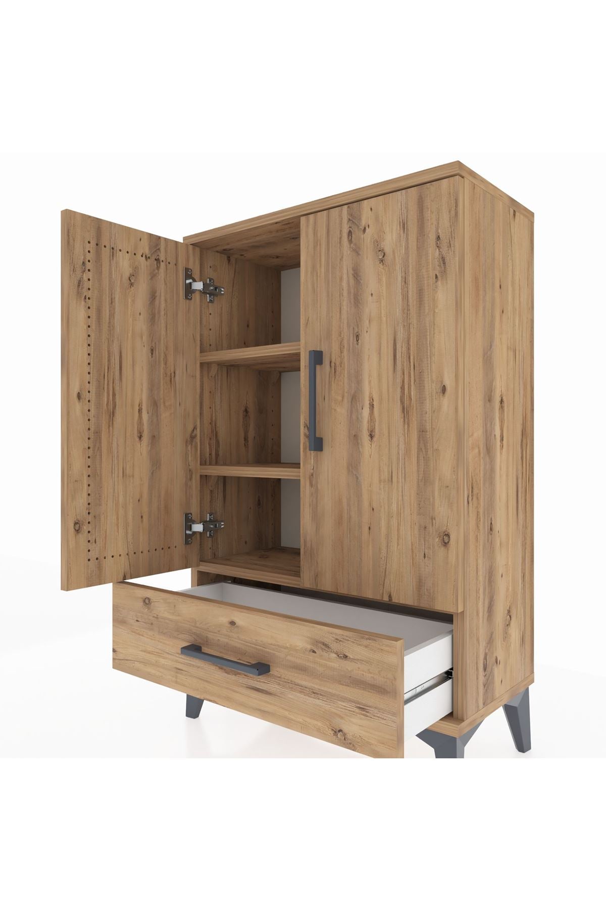 Arges Komodin 2 Raflı Tek Çekmeceli 2 Kapaklı 60x30x96 Çam-Çam