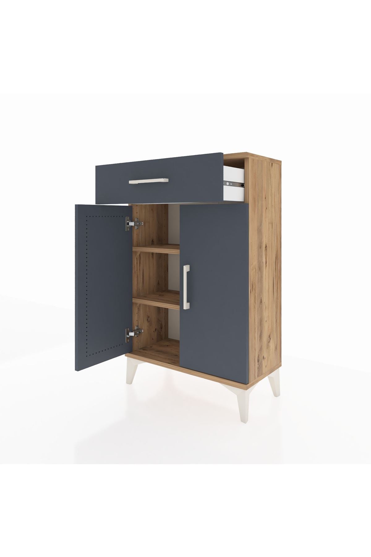 Arges Komodin 2 Raflı Tek Çekmeceli 2 Kapaklı 60x30x96 Çam-Antrasit