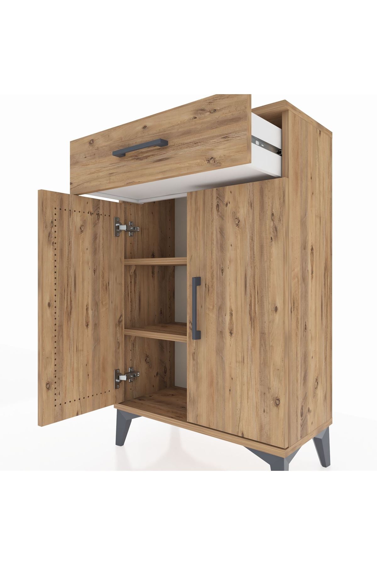 Arges Komodin 2 Raflı Tek Çekmeceli 2 Kapaklı 60x30x96 Çam-Çam