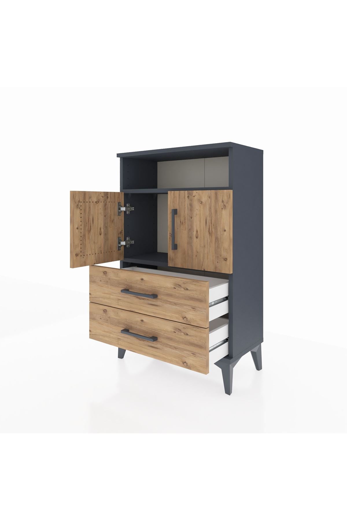 Arges Komodin 2 Raflı 2 Çekmeceli 2 Kapaklı 60x30x96 Antrasit-Çam