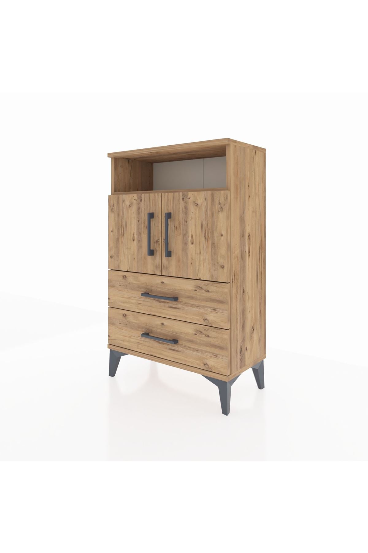 Arges Komodin 2 Raflı 2 Çekmeceli 2 Kapaklı 60x30x96 Çam-Çam