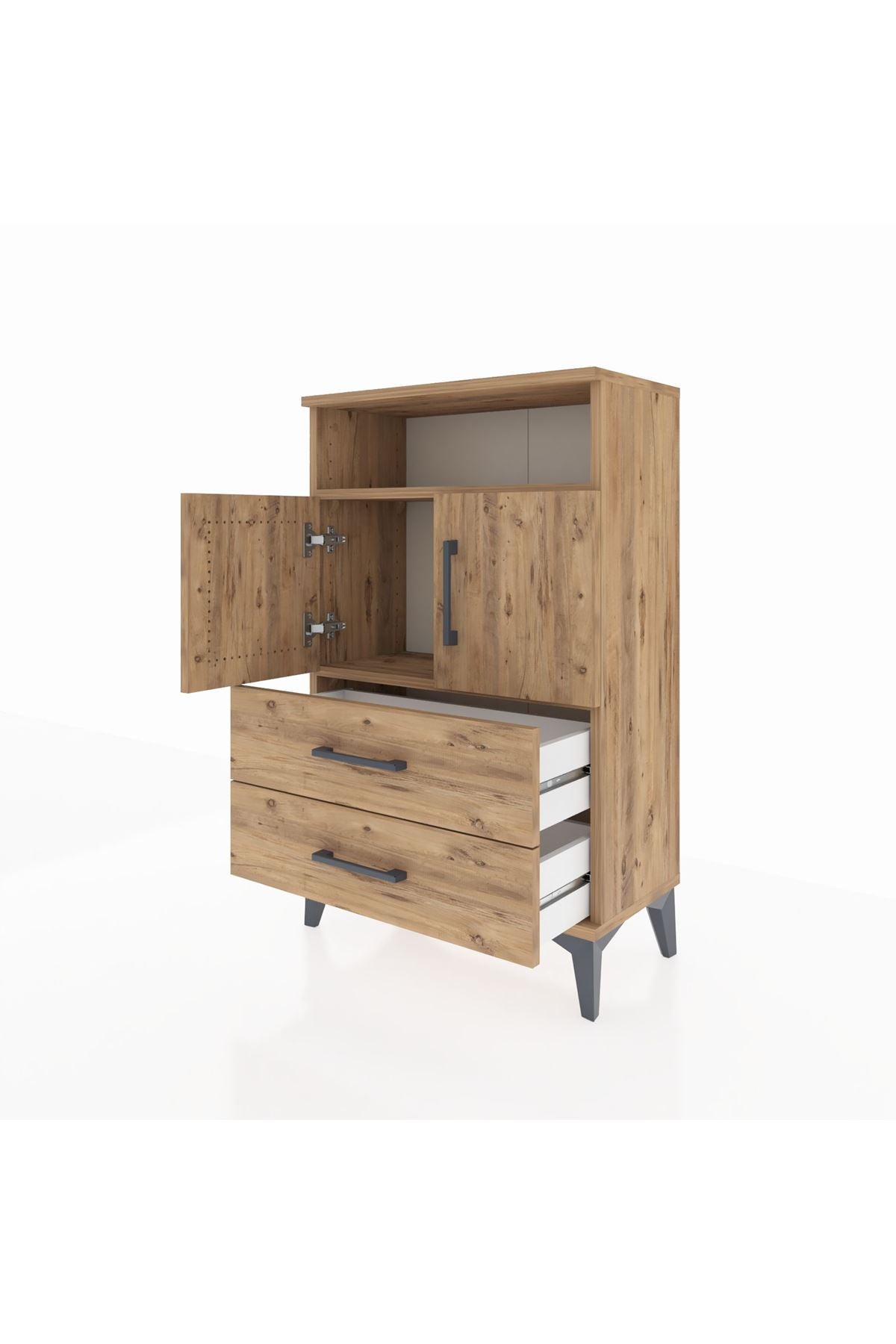 Arges Komodin 2 Raflı 2 Çekmeceli 2 Kapaklı 60x30x96 Çam-Çam