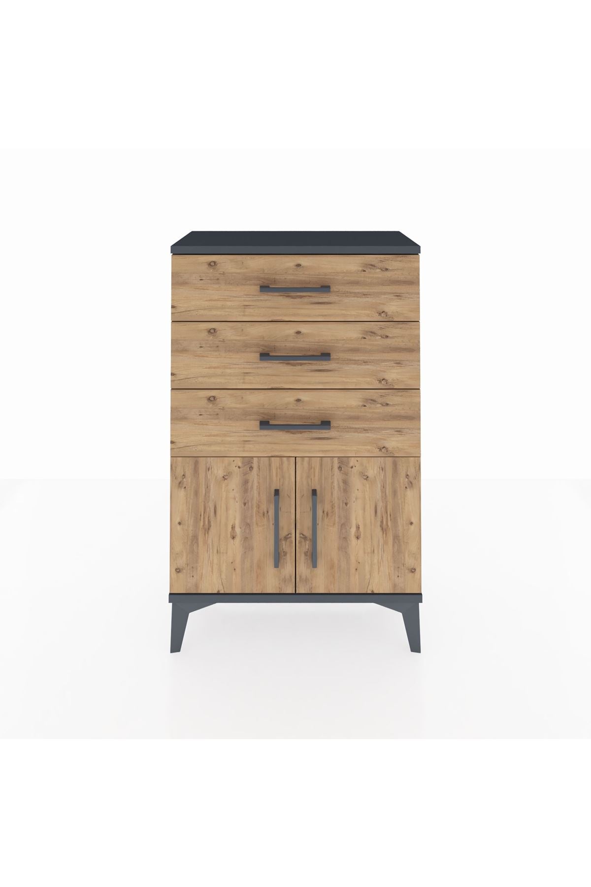 Arges Komodin 3 Çekmeceli 2 Kapaklı 60x30x96 Antrasit-Çam