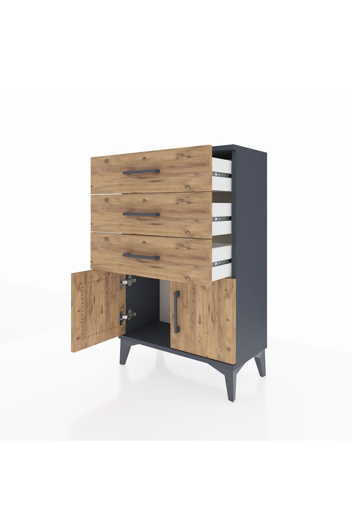 Arges Komodin 3 Çekmeceli 2 Kapaklı 60x30x96 Antrasit-Çam