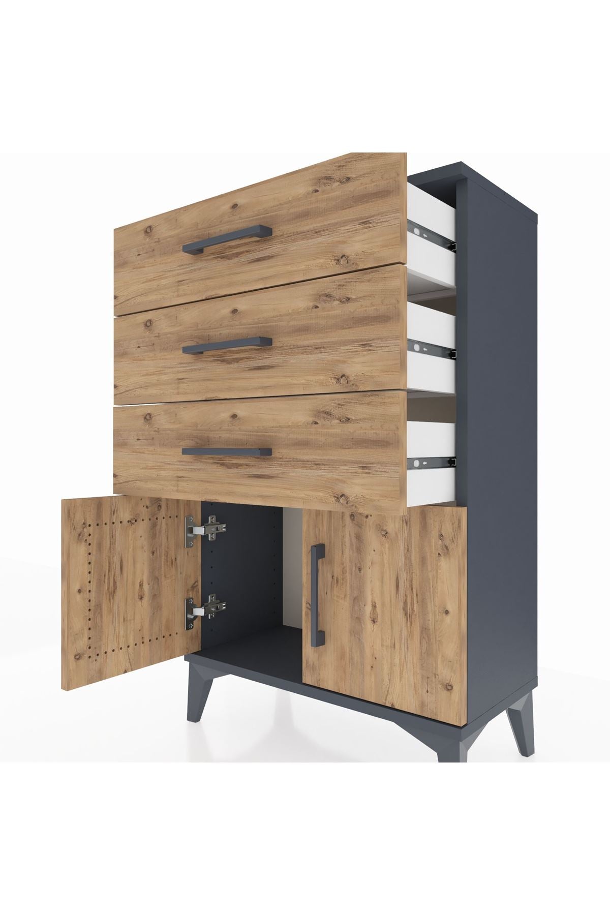 Arges Komodin 3 Çekmeceli 2 Kapaklı 60x30x96 Antrasit-Çam