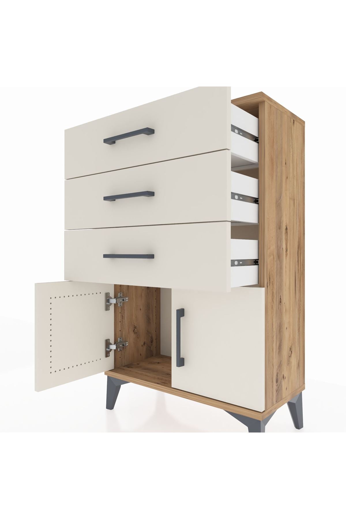 Arges Komodin 3 Çekmeceli 2 Kapaklı 60x30x96 Çam-Aytaşı