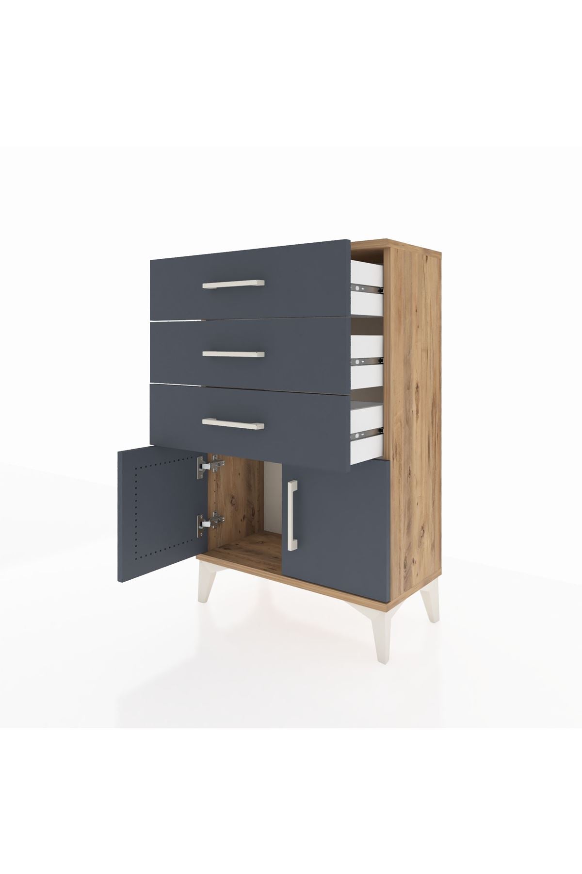 Arges Komodin 3 Çekmeceli 2 Kapaklı 60x30x96 Çam-Antrasit