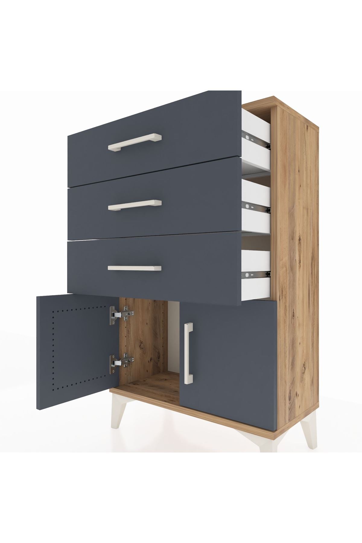 Arges Komodin 3 Çekmeceli 2 Kapaklı 60x30x96 Çam-Antrasit