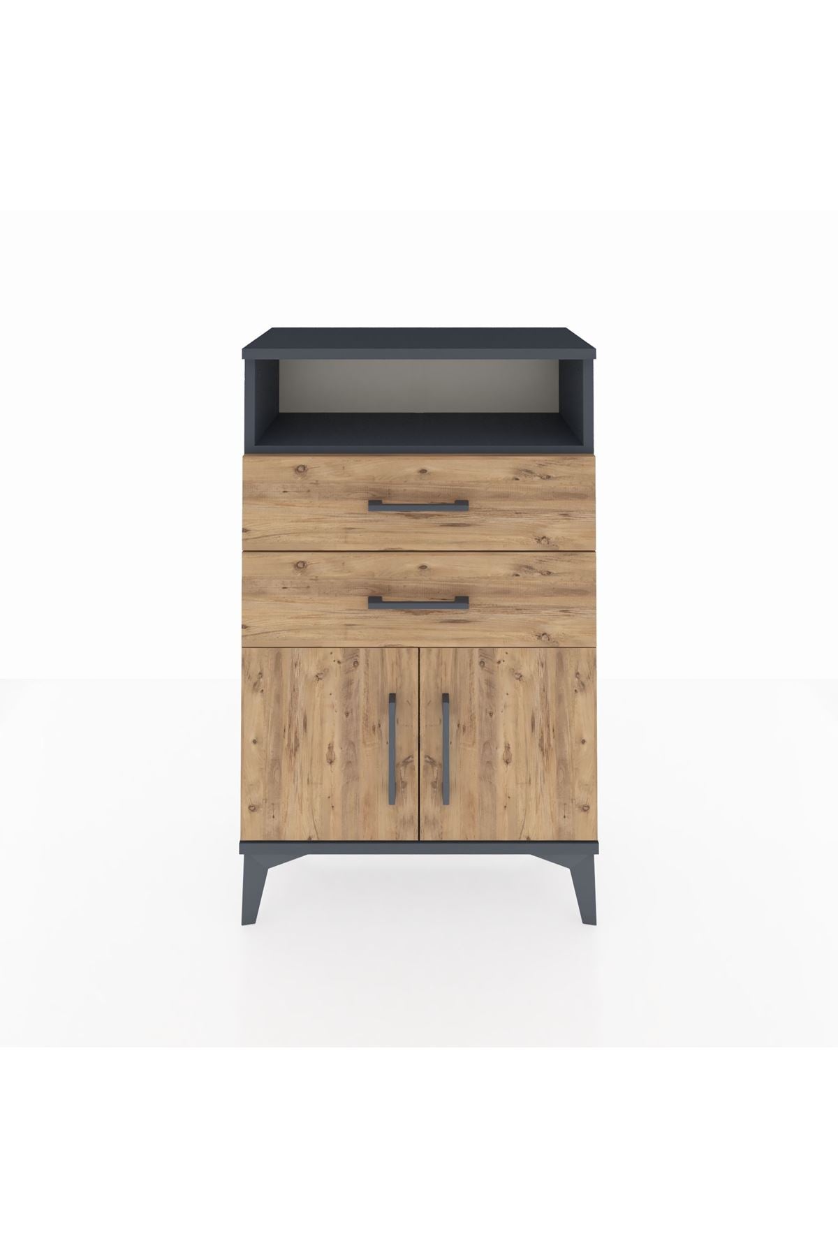 Arges Komodin Tek Raflı 2 Çekmeceli 2 Kapaklı 60x30x96 Antrasit-Çam