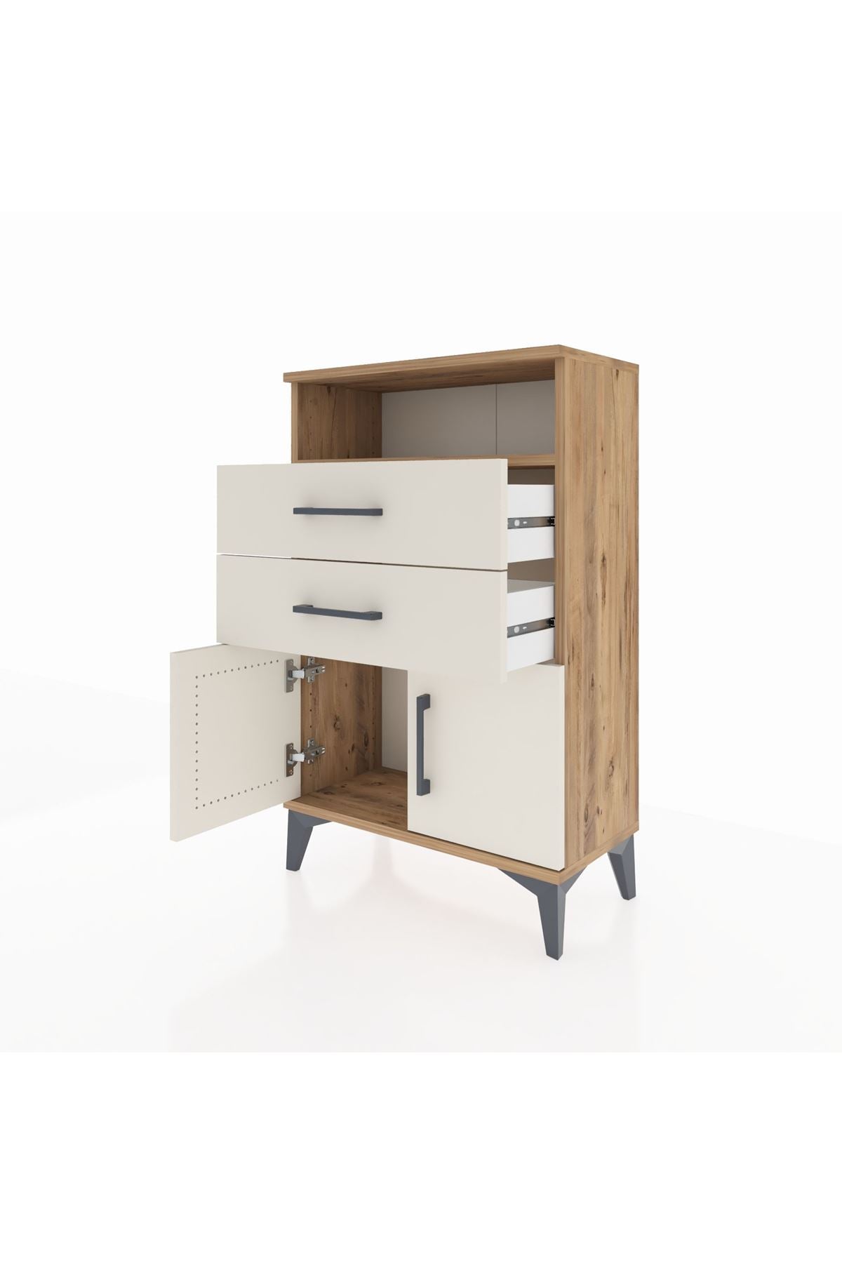 Arges Komodin Tek Raflı 2 Çekmeceli 2 Kapaklı 60x30x96 Çam-Aytaşı