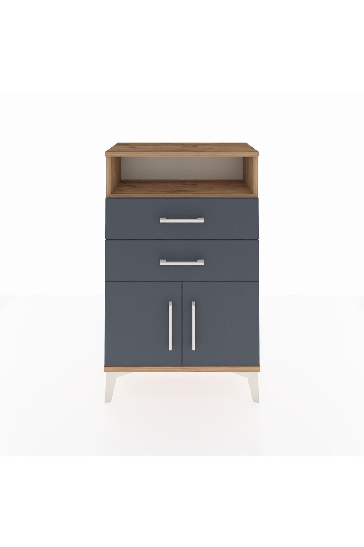 Arges Komodin Tek Raflı 2 Çekmeceli 2 Kapaklı 60x30x96 Çam-Antrasit