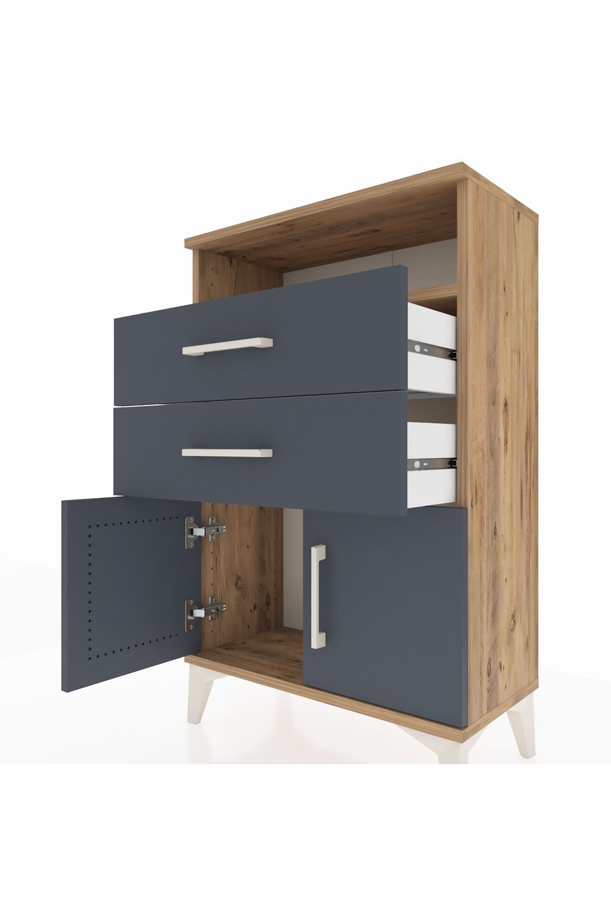 Arges Komodin Tek Raflı 2 Çekmeceli 2 Kapaklı 60x30x96 Çam-Antrasit