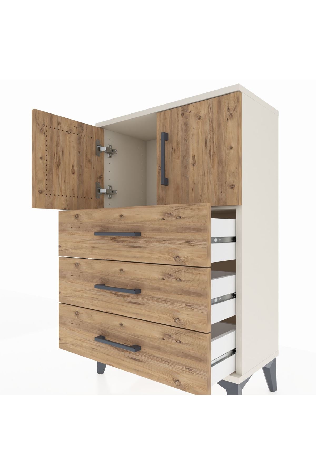 Arges Komodin Tek Raflı 3 Çekmeceli 2 Kapaklı 60x30x96 Aytaşı-Çam