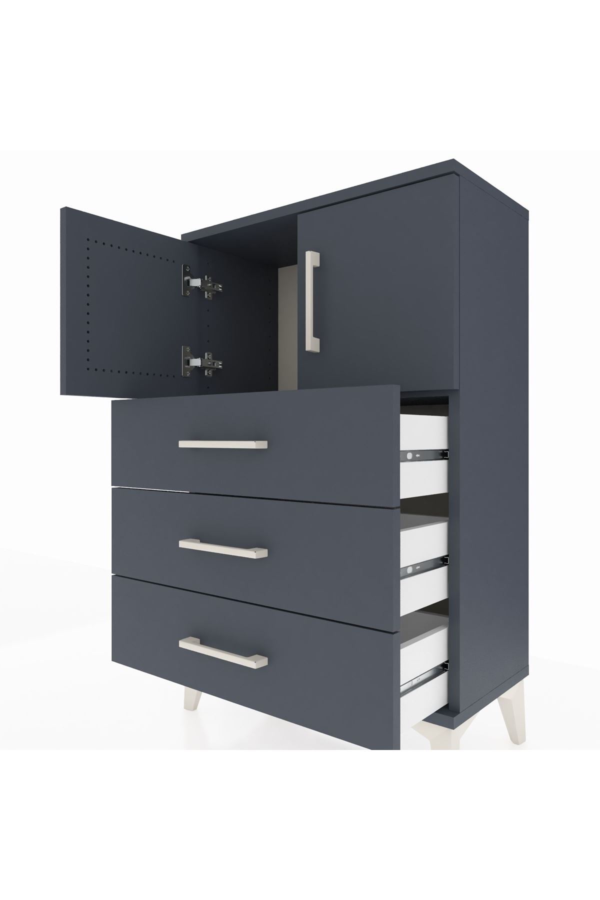 Arges Komodin Tek Raflı 3 Çekmeceli 2 Kapaklı 60x30x96 Antrasit-Antrasit