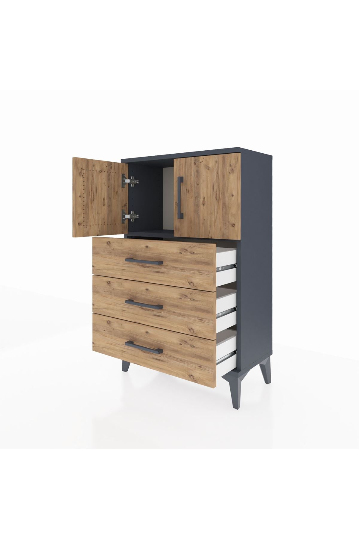Arges Komodin Tek Raflı 3 Çekmeceli 2 Kapaklı 60x30x96 Antrasit-Çam