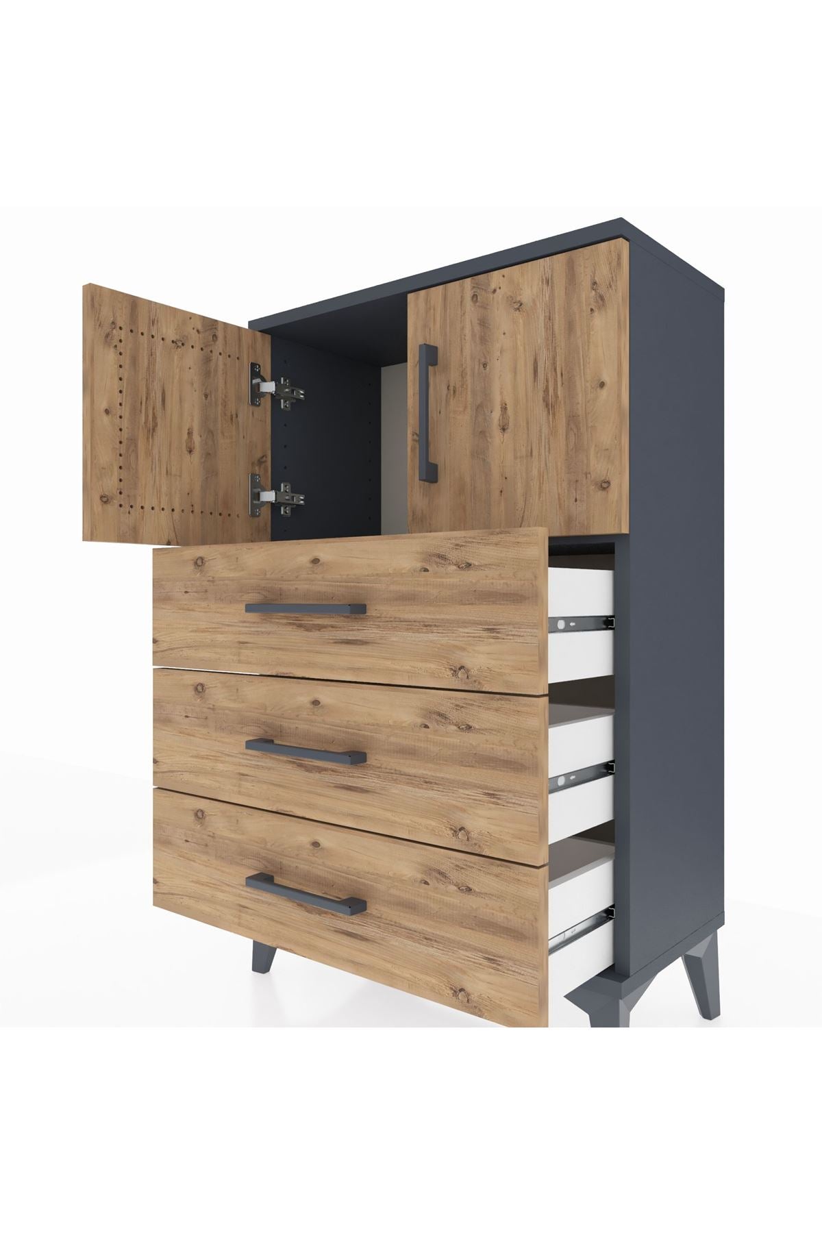Arges Komodin Tek Raflı 3 Çekmeceli 2 Kapaklı 60x30x96 Antrasit-Çam
