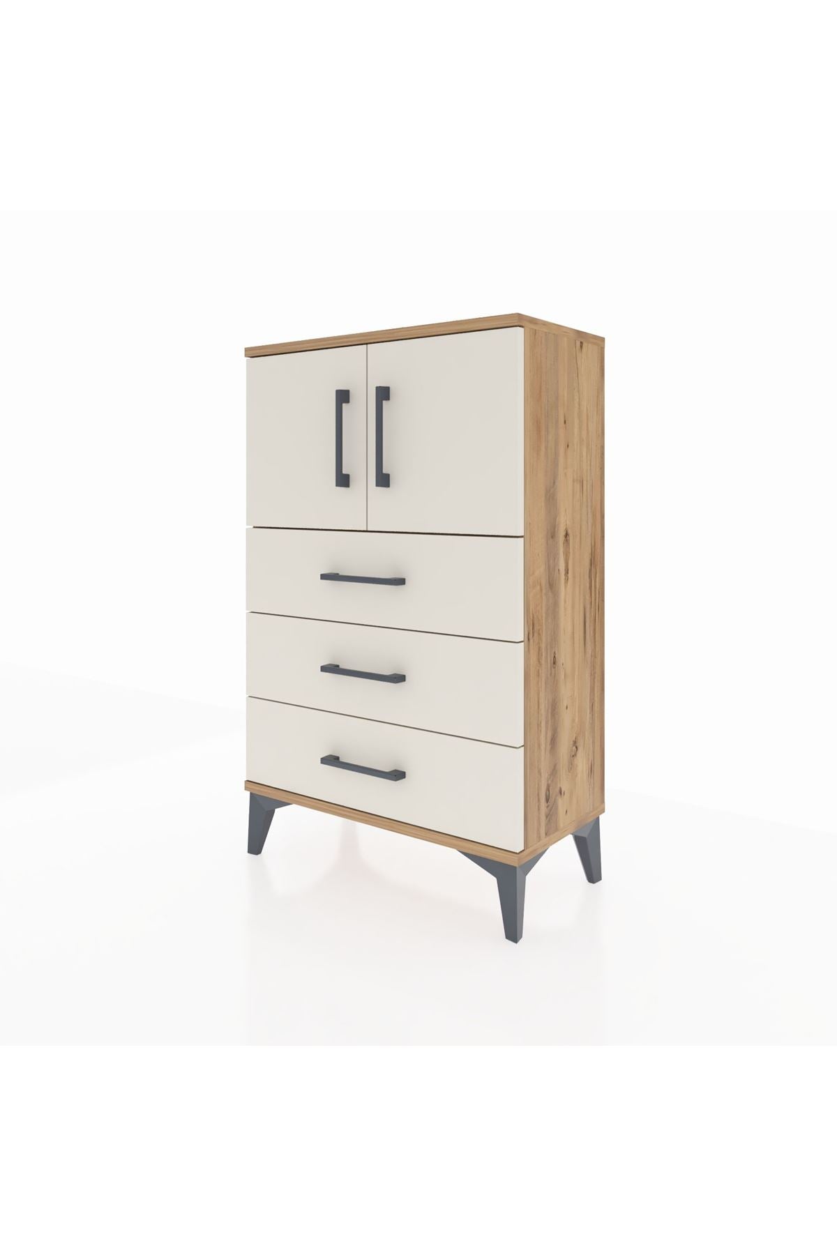 Arges Komodin Tek Raflı 3 Çekmeceli 2 Kapaklı 60x30x96 Çam-Aytaşı