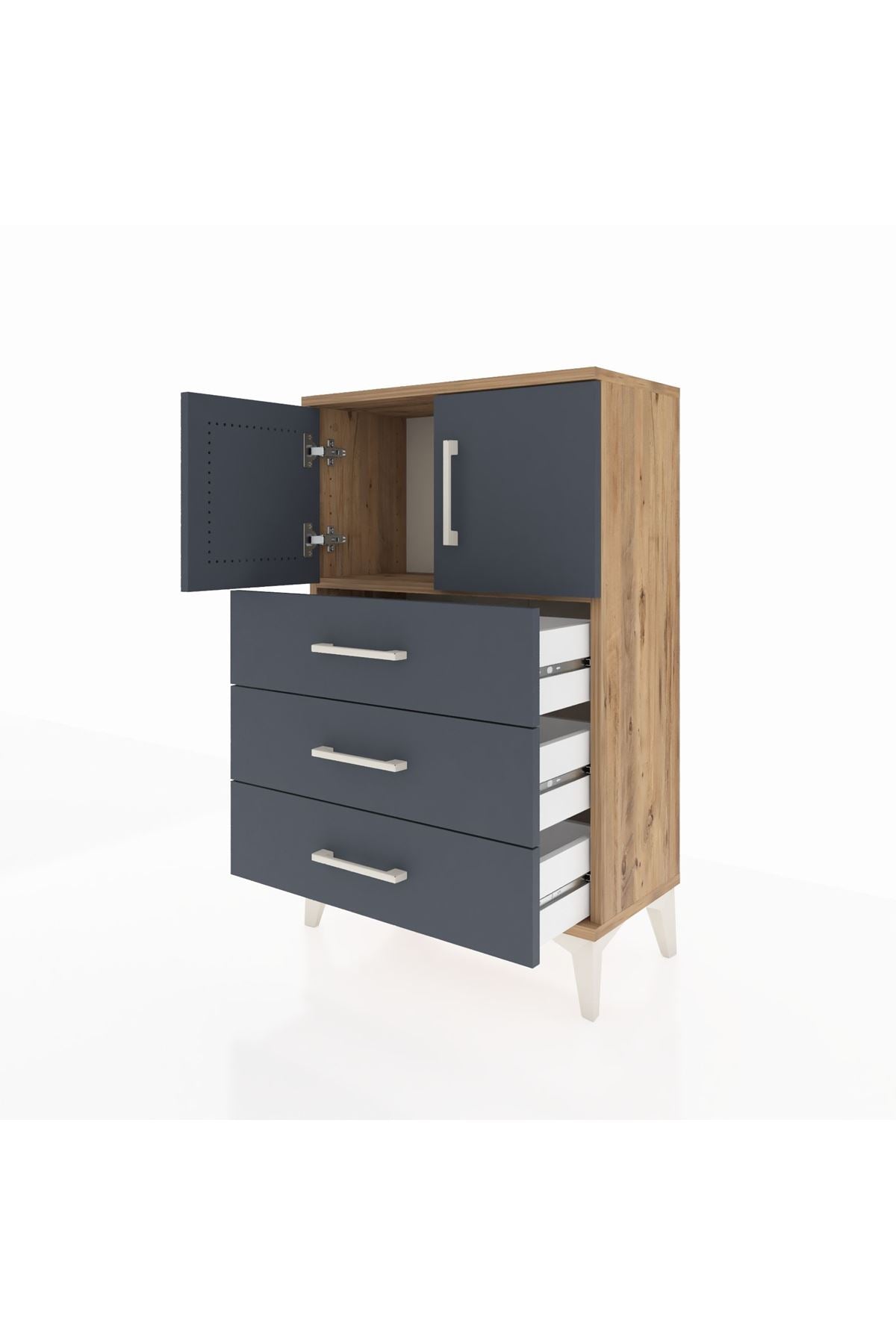 Arges Komodin Tek Raflı 3 Çekmeceli 2 Kapaklı 60x30x96 Çam-Antrasit