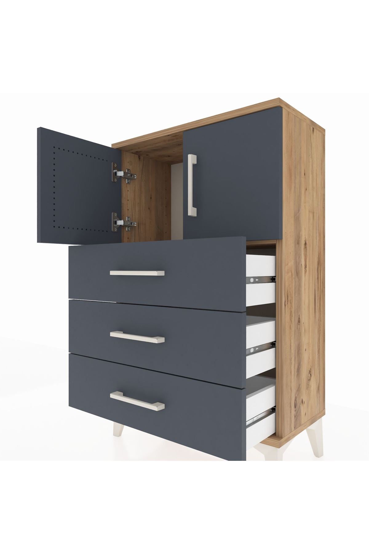 Arges Komodin Tek Raflı 3 Çekmeceli 2 Kapaklı 60x30x96 Çam-Antrasit