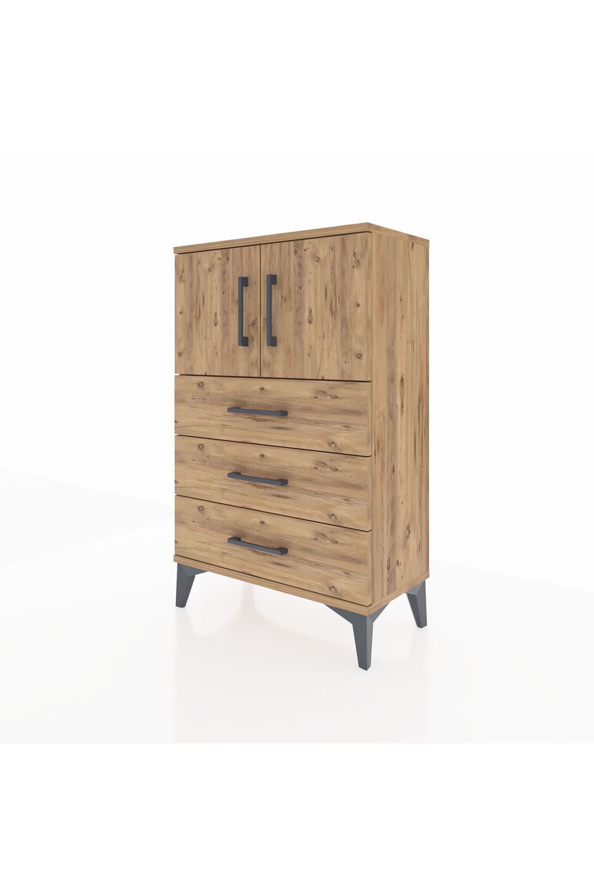 Arges Komodin Tek Raflı 3 Çekmeceli 2 Kapaklı 60x30x96 Çam-Çam