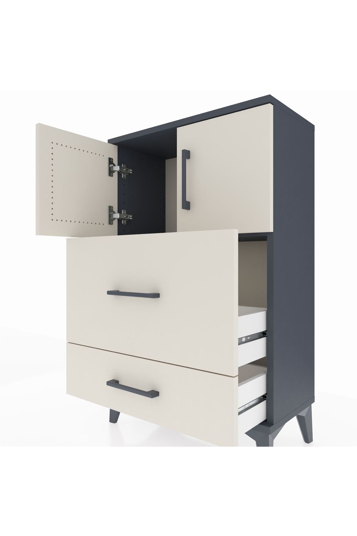 Arges Komodin Tek Raflı 2 Çekmeceli 2 Kapaklı 60x30x96 Antrasit-Aytaşı