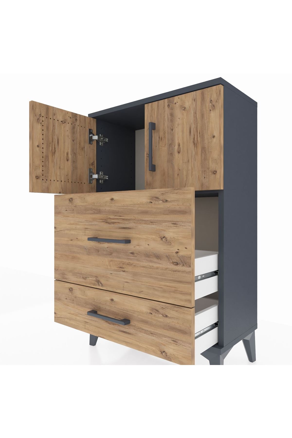 Arges Komodin Tek Raflı 2 Çekmeceli 2 Kapaklı 60x30x96 Antrasit-Çam