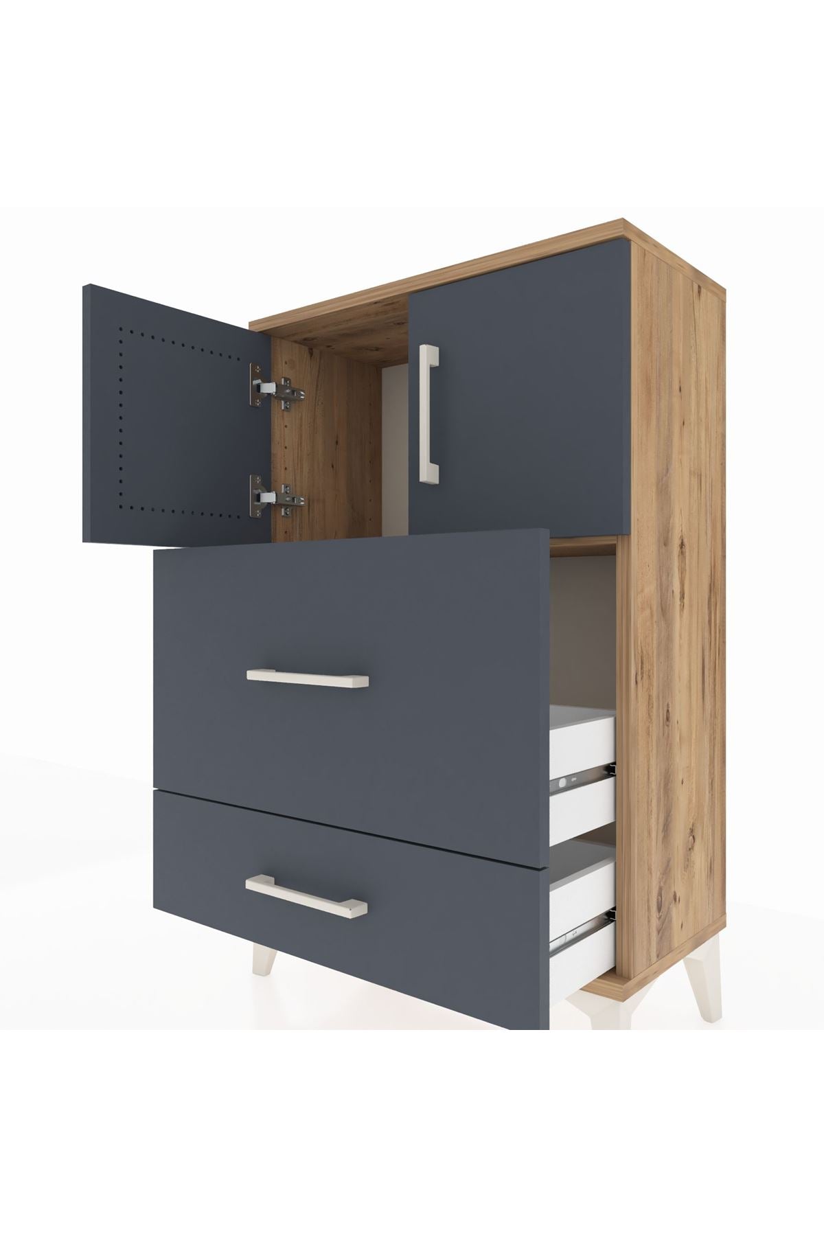 Arges Komodin Tek Raflı 2 Çekmeceli 2 Kapaklı 60x30x96 Çam-Antrasit