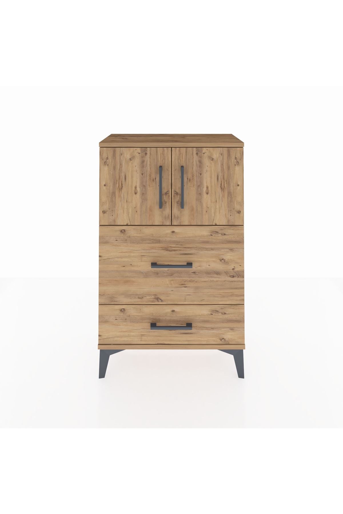 Arges Komodin Tek Raflı 2 Çekmeceli 2 Kapaklı 60x30x96 Çam-Çam