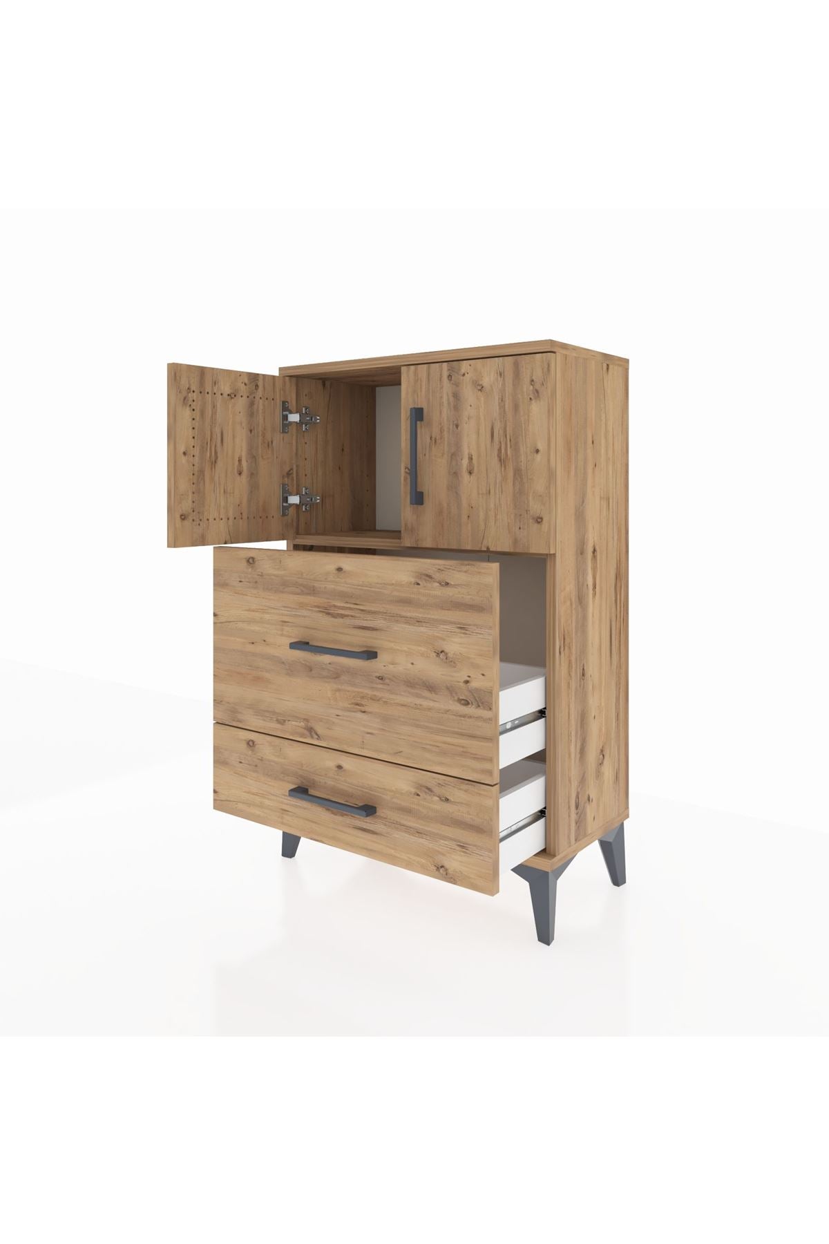 Arges Komodin Tek Raflı 2 Çekmeceli 2 Kapaklı 60x30x96 Çam-Çam