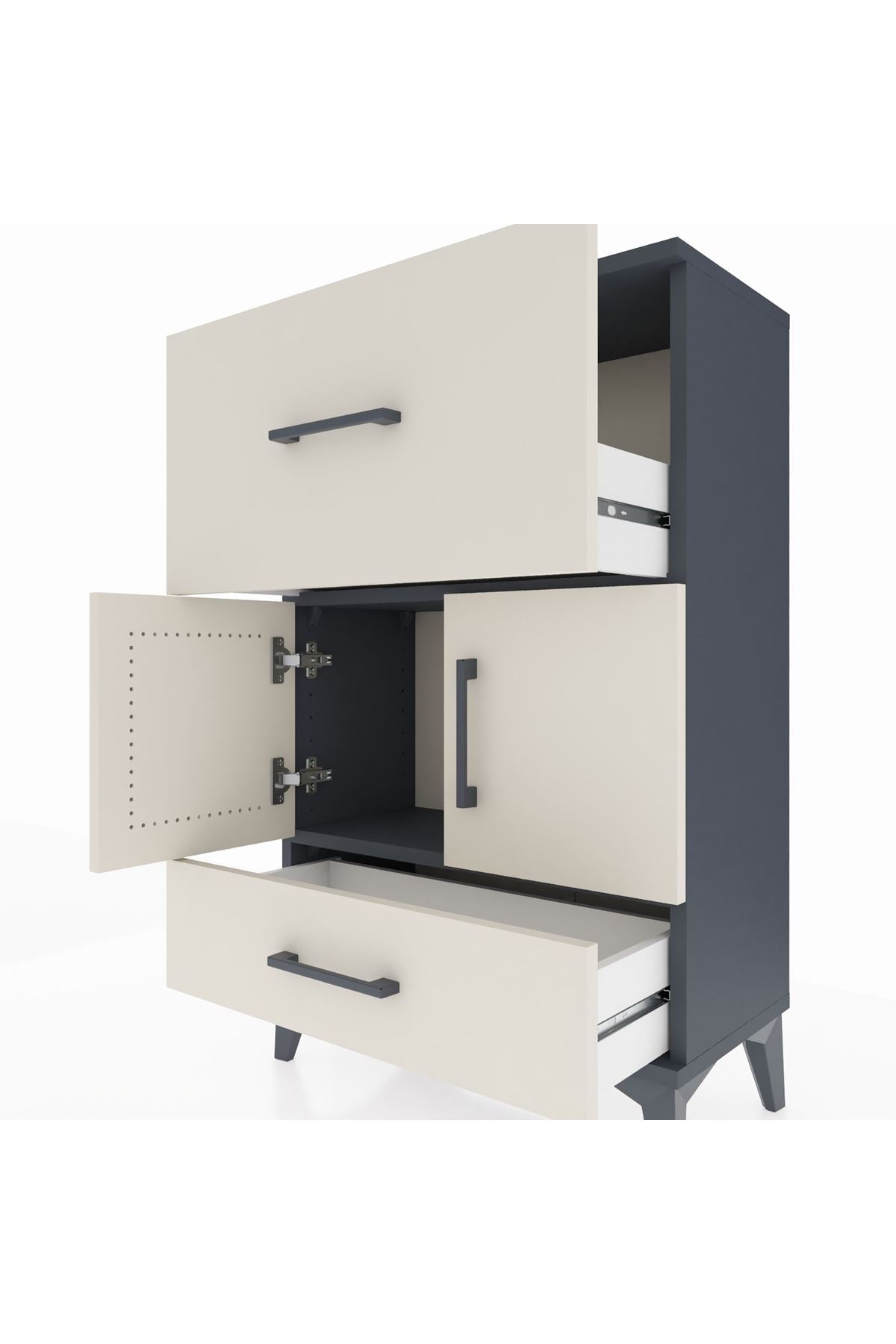 Arges Komodin Tek Raflı 2 Çekmeceli 2 Kapaklı 60x30x96 Antrasit-Aytaşı