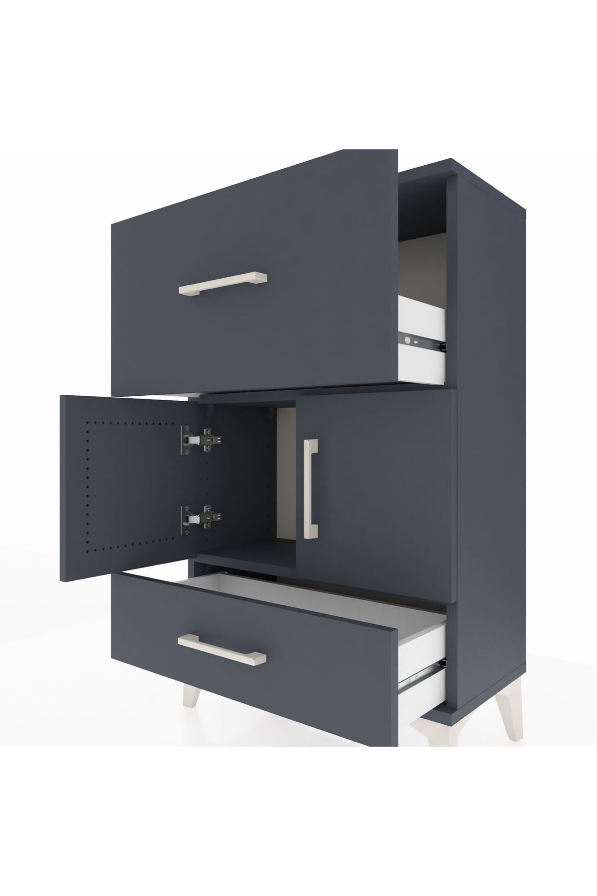 Arges Komodin Tek Raflı 2 Çekmeceli 2 Kapaklı 60x30x96 Antrasit-Antrasit