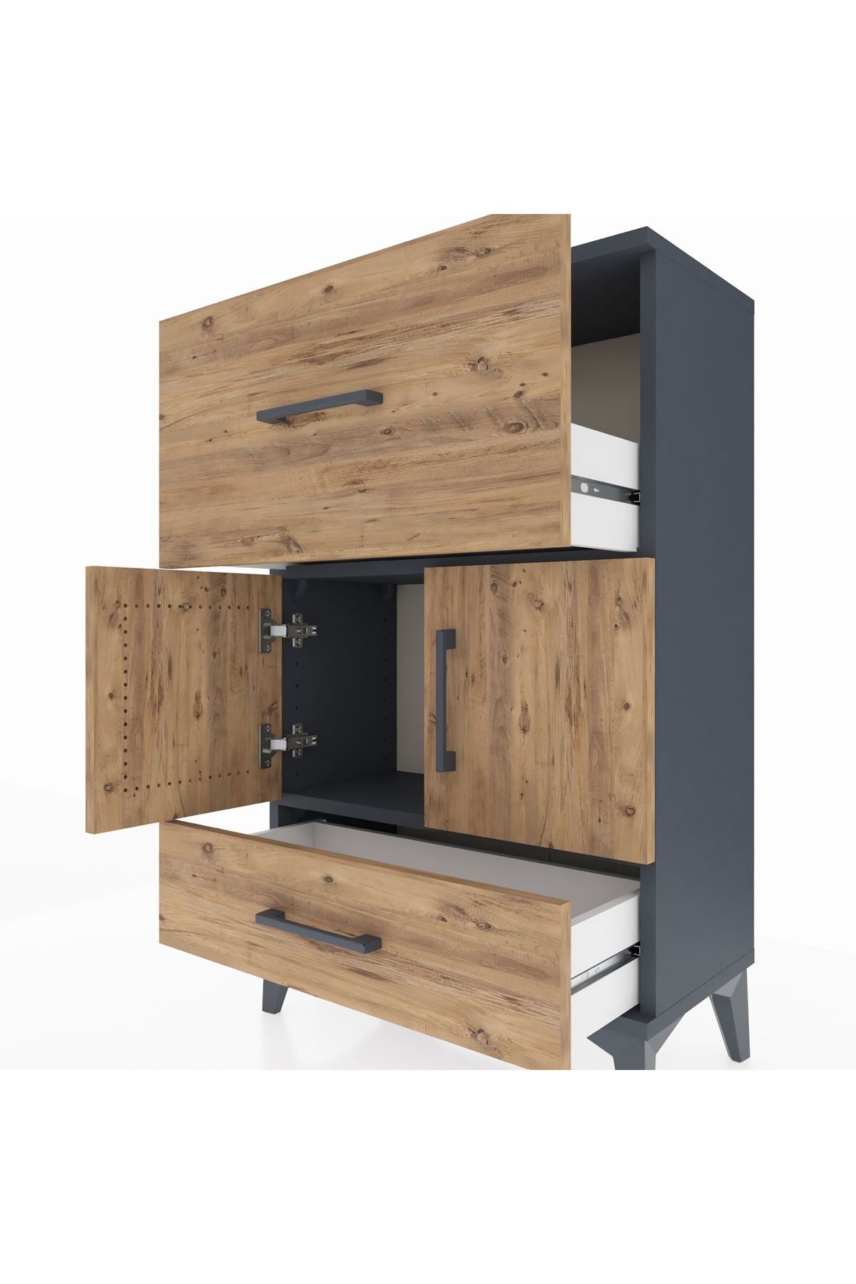 Arges Komodin Tek Raflı 2 Çekmeceli 2 Kapaklı 60x30x96 Antrasit-Çam