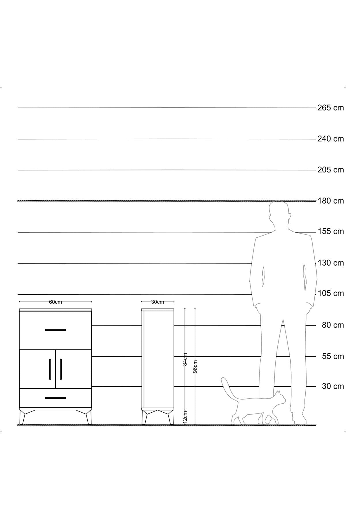 Arges Komodin Tek Raflı 2 Çekmeceli 2 Kapaklı 60x30x96 Antrasit-Çam