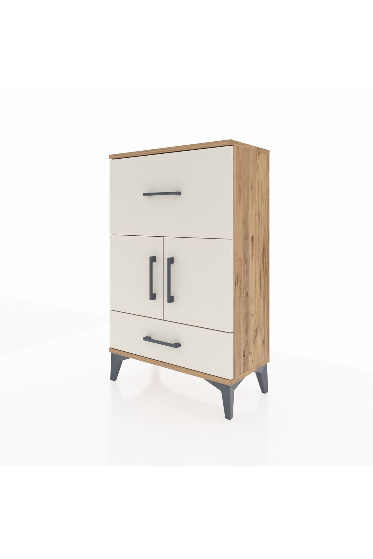 Arges Komodin Tek Raflı 2 Çekmeceli 2 Kapaklı 60x30x96 Çam-Aytaşı