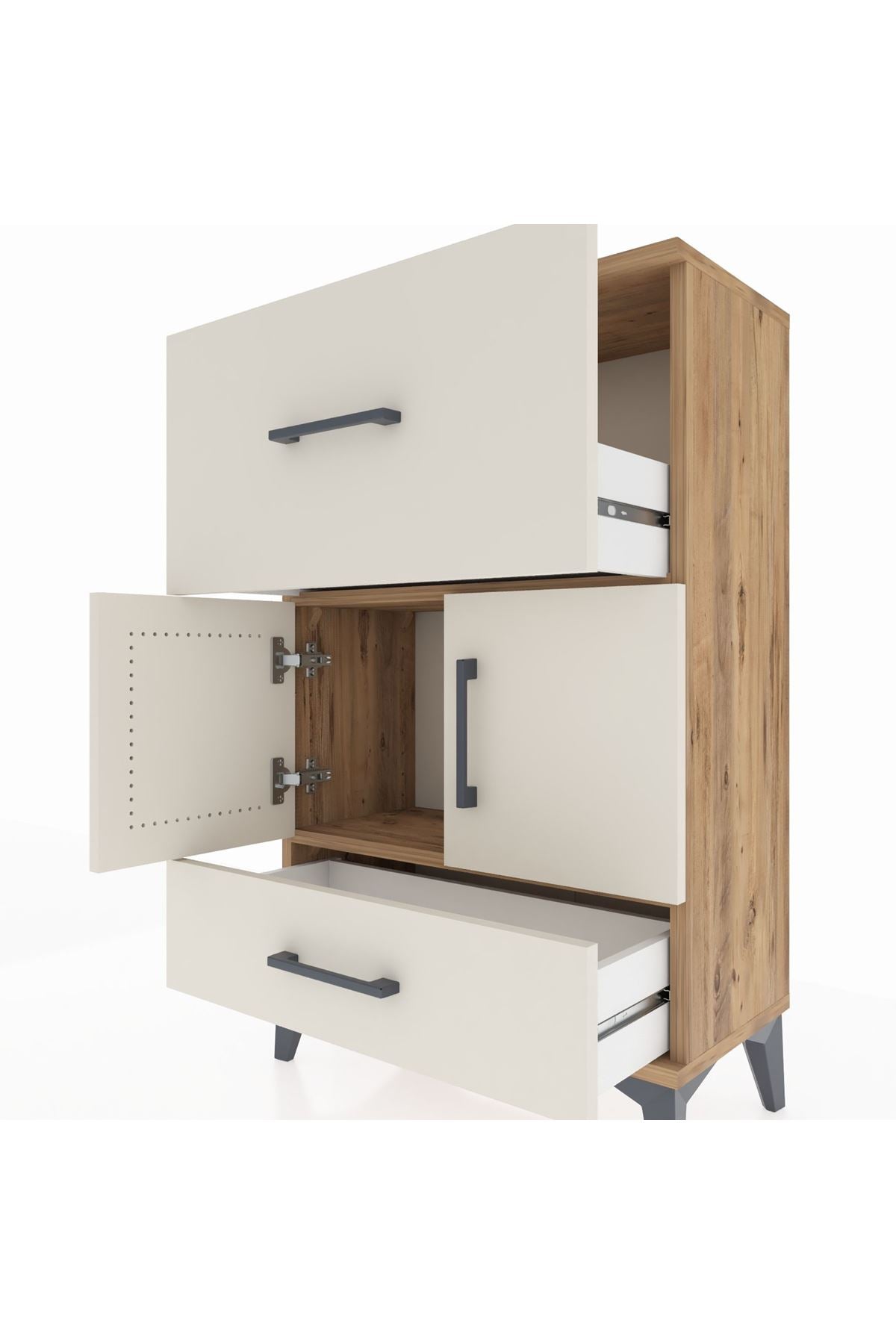 Arges Komodin Tek Raflı 2 Çekmeceli 2 Kapaklı 60x30x96 Çam-Aytaşı