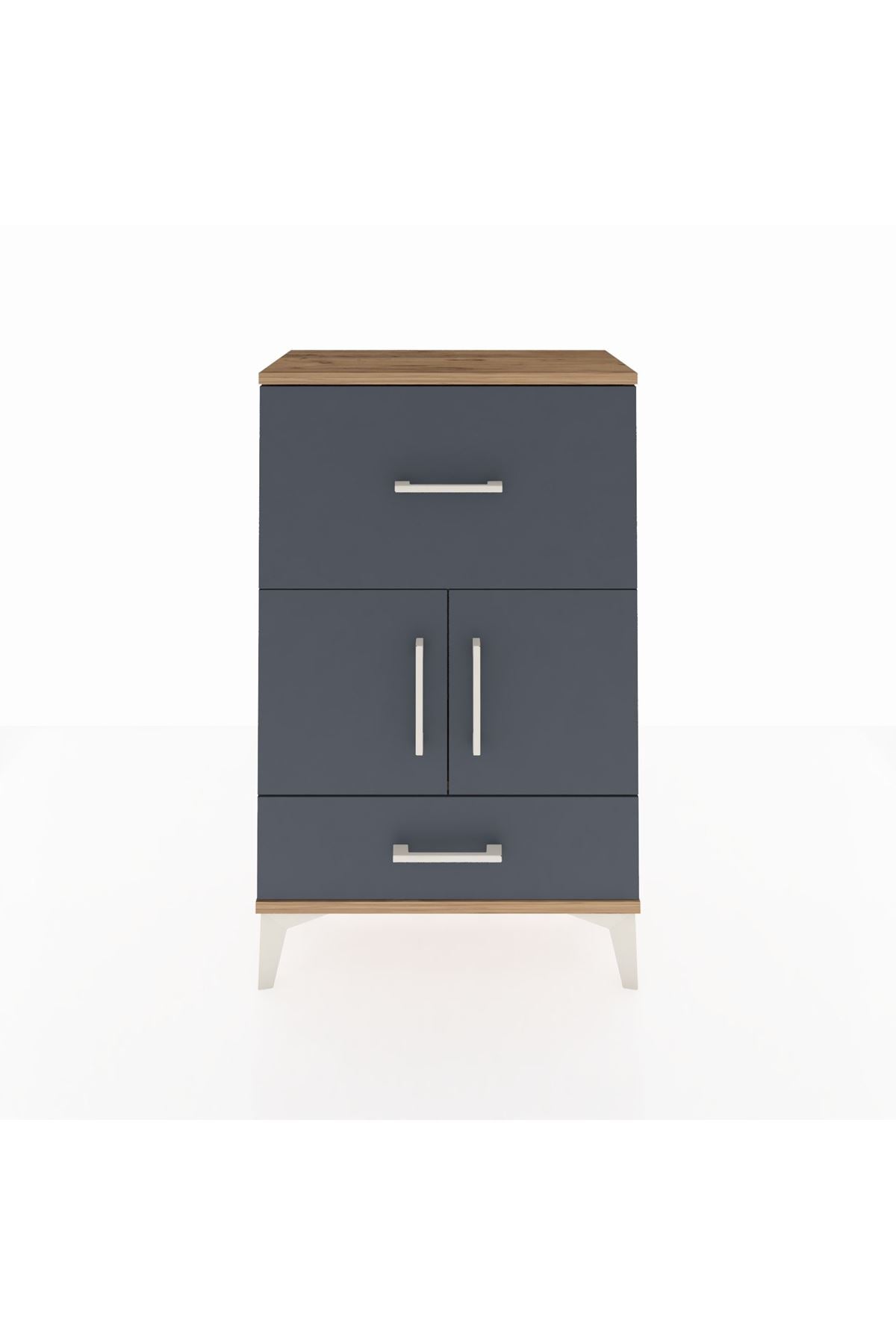 Arges Komodin Tek Raflı 2 Çekmeceli 2 Kapaklı 60x30x96 Çam-Antrasit