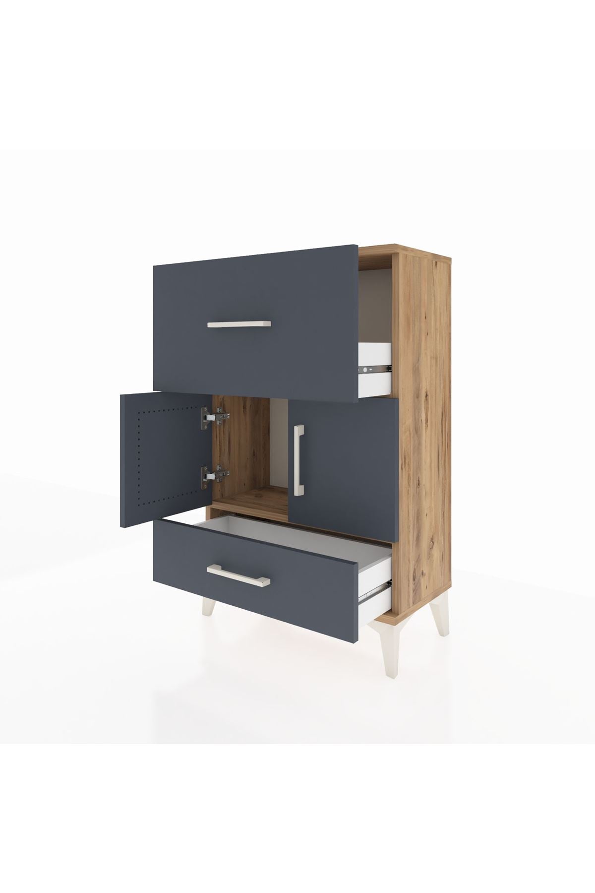 Arges Komodin Tek Raflı 2 Çekmeceli 2 Kapaklı 60x30x96 Çam-Antrasit