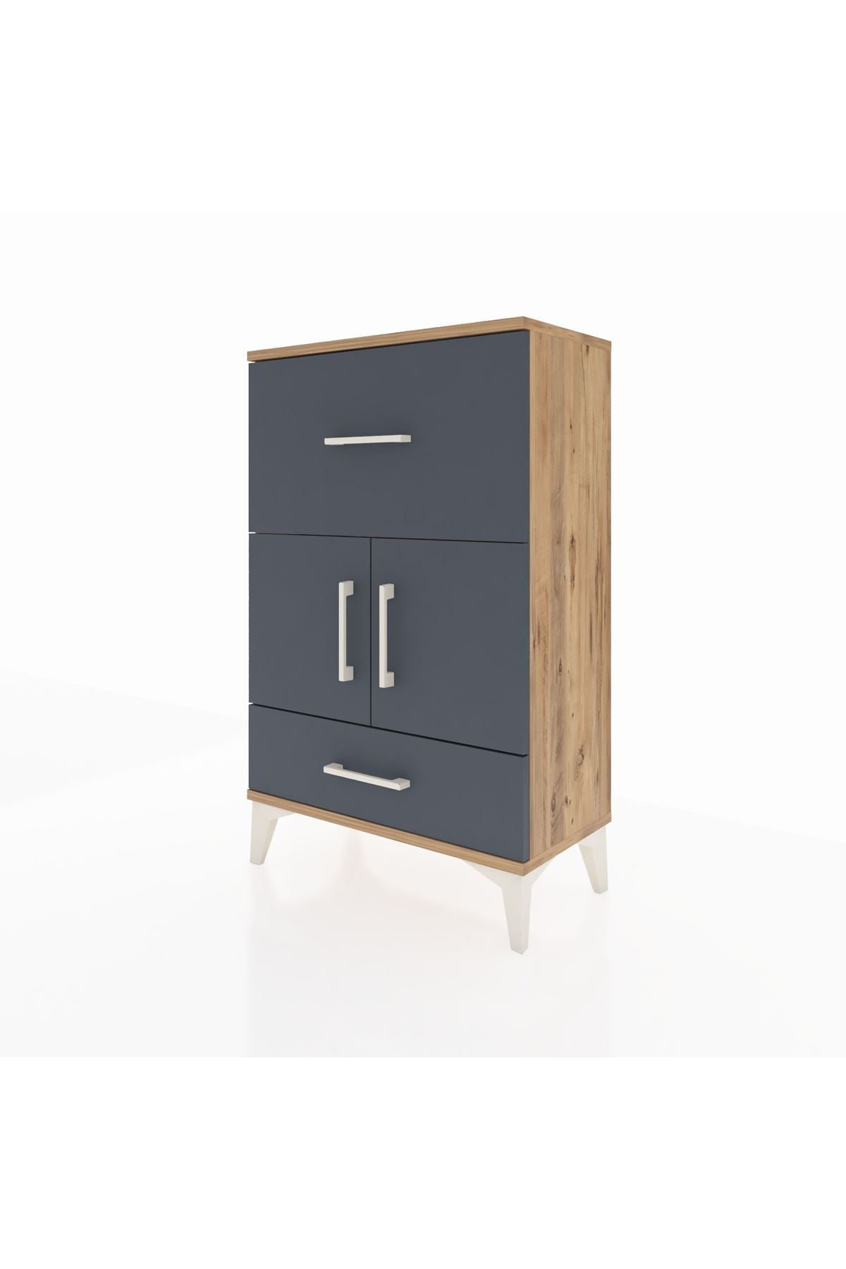 Arges Komodin Tek Raflı 2 Çekmeceli 2 Kapaklı 60x30x96 Çam-Antrasit