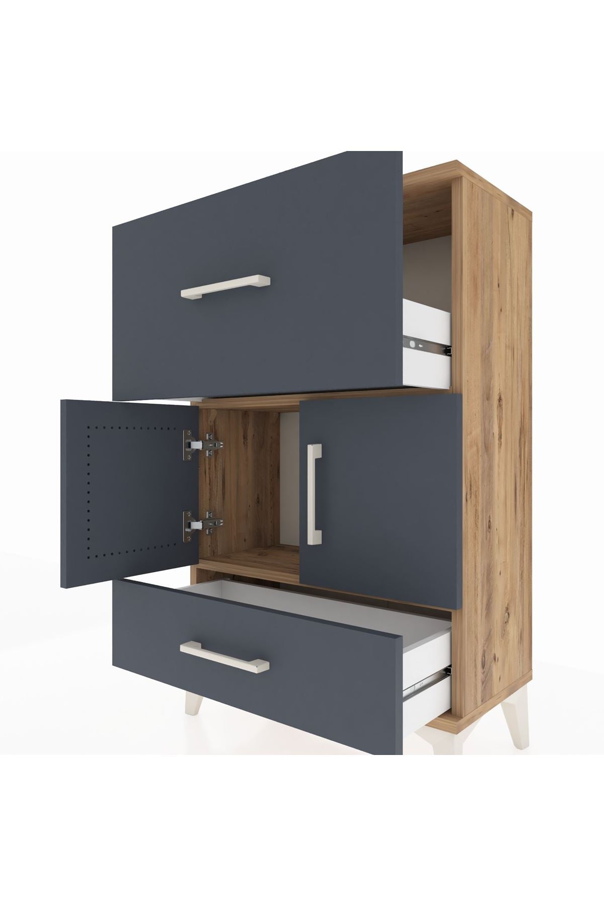 Arges Komodin Tek Raflı 2 Çekmeceli 2 Kapaklı 60x30x96 Çam-Antrasit