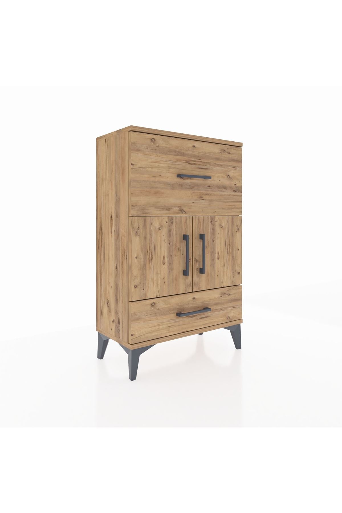 Arges Komodin Tek Raflı 2 Çekmeceli 2 Kapaklı 60x30x96 Çam-Çam