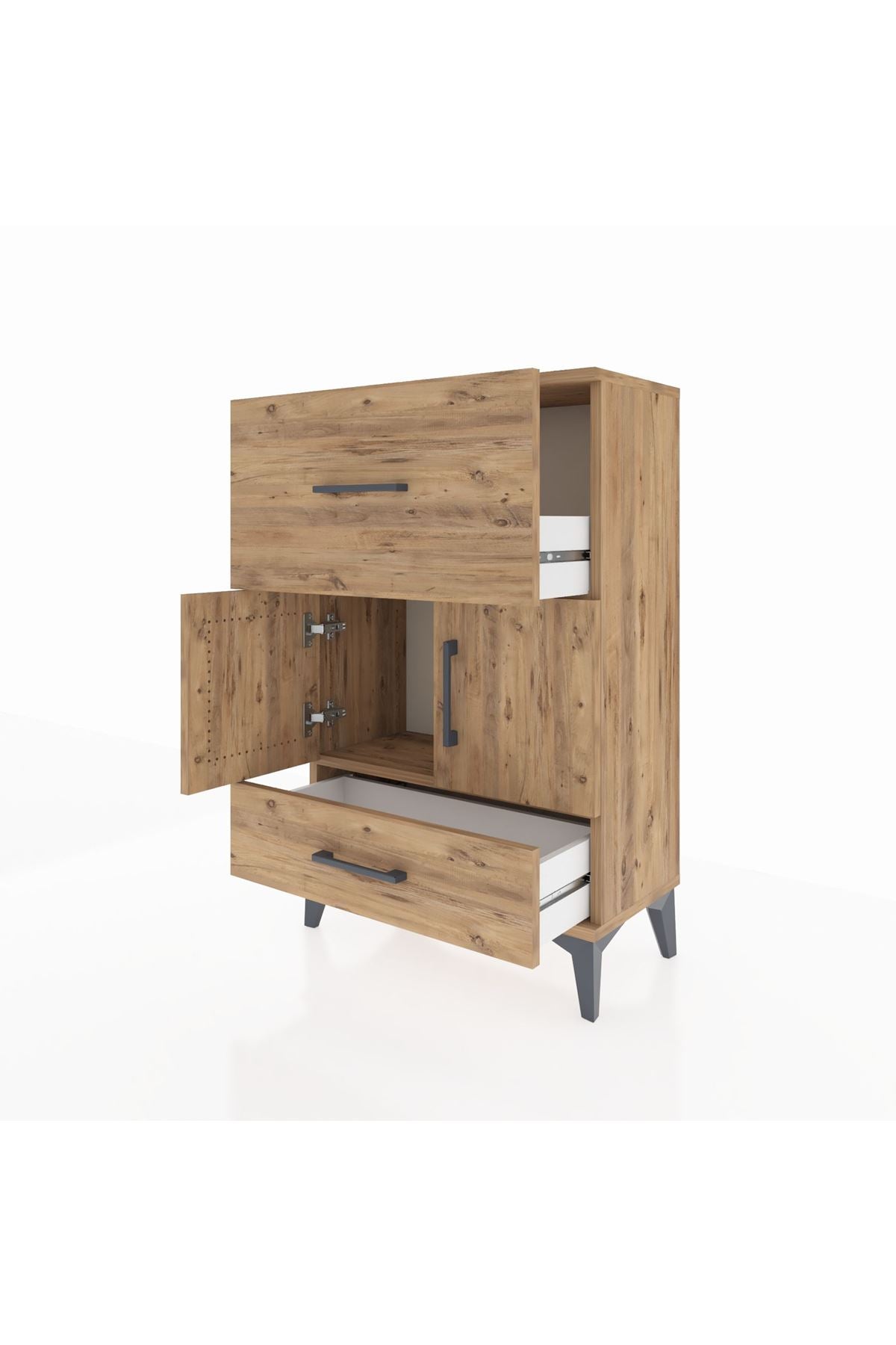 Arges Komodin Tek Raflı 2 Çekmeceli 2 Kapaklı 60x30x96 Çam-Çam