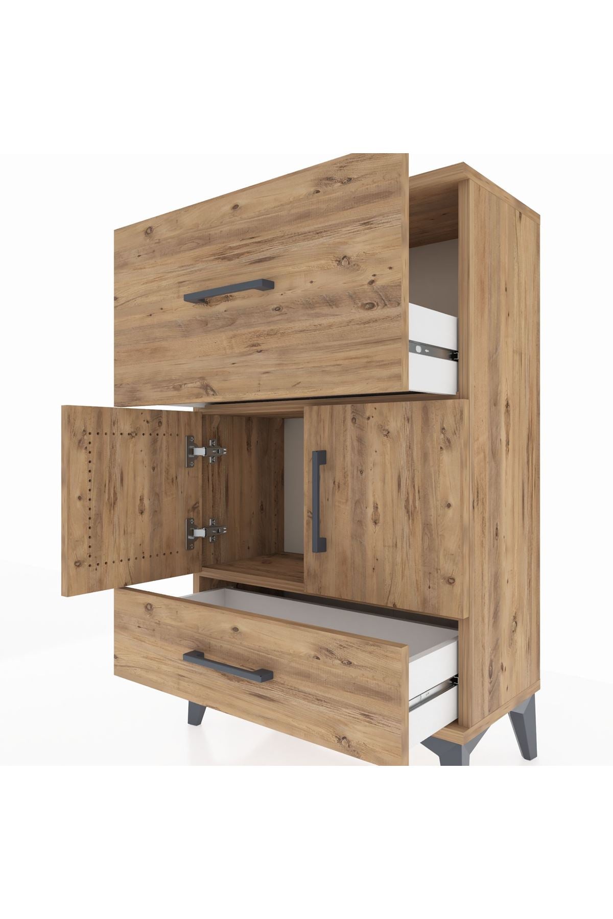 Arges Komodin Tek Raflı 2 Çekmeceli 2 Kapaklı 60x30x96 Çam-Çam