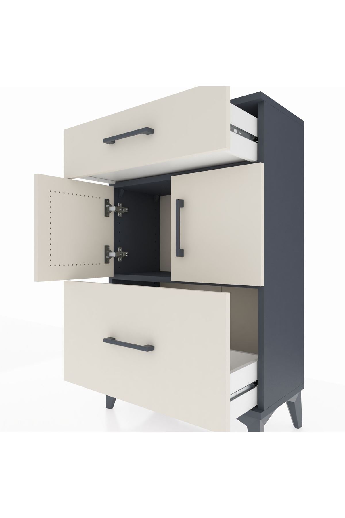 Arges Komodin Tek Raflı 2 Çekmeceli 2 Kapaklı 60x30x96 Antrasit-Aytaşı