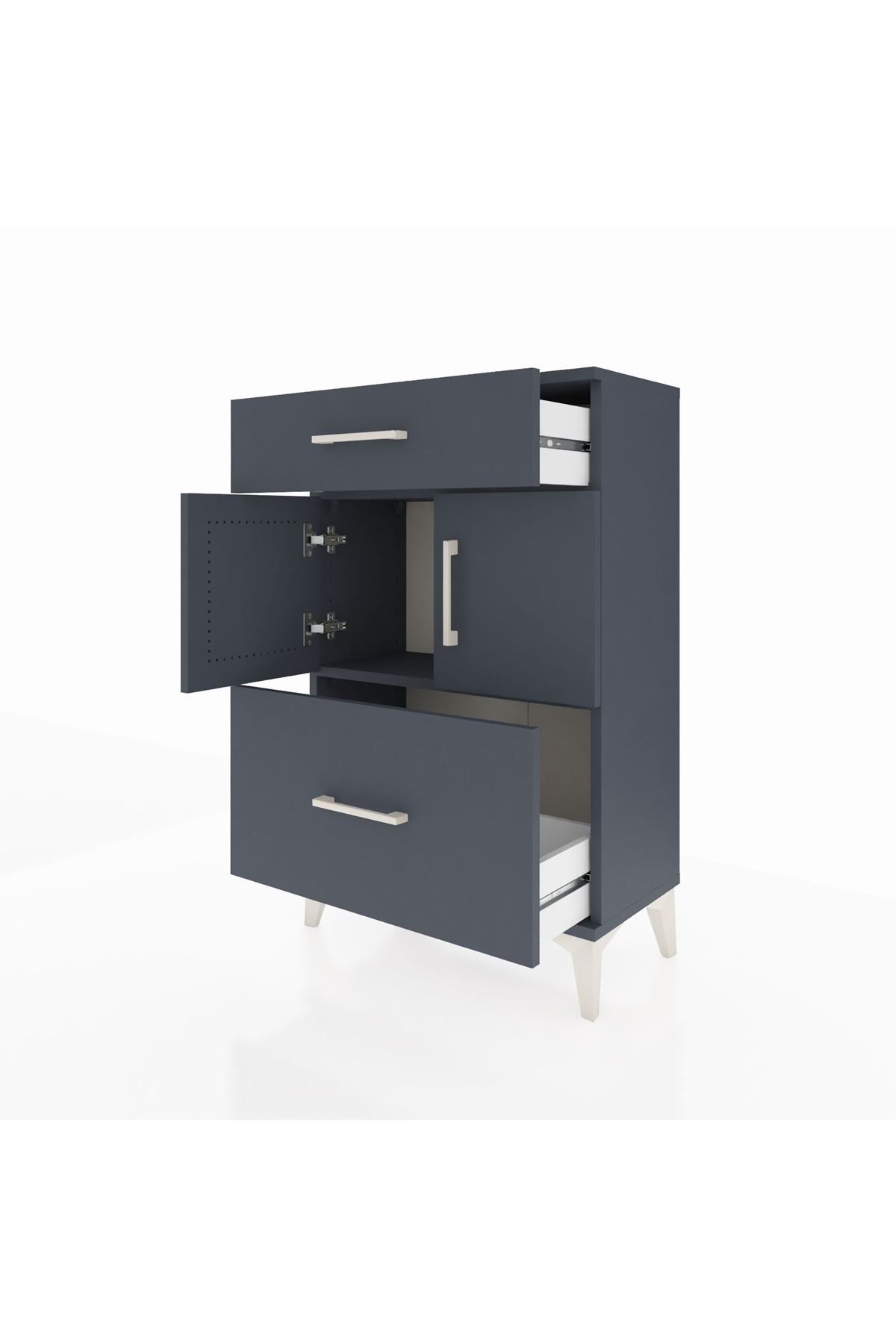 Arges Komodin Tek Raflı 2 Çekmeceli 2 Kapaklı 60x30x96 Antrasit-Antrasit