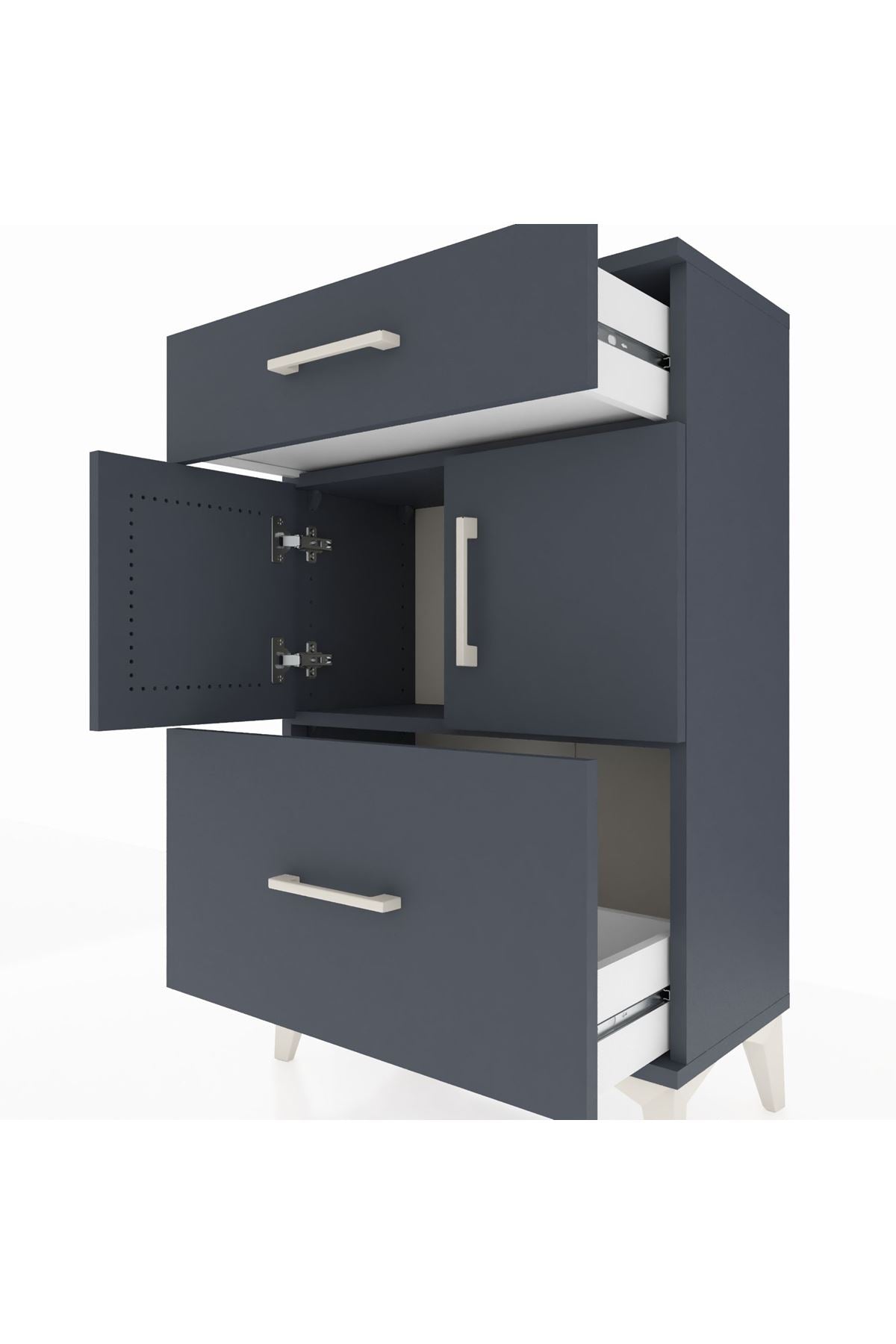 Arges Komodin Tek Raflı 2 Çekmeceli 2 Kapaklı 60x30x96 Antrasit-Antrasit