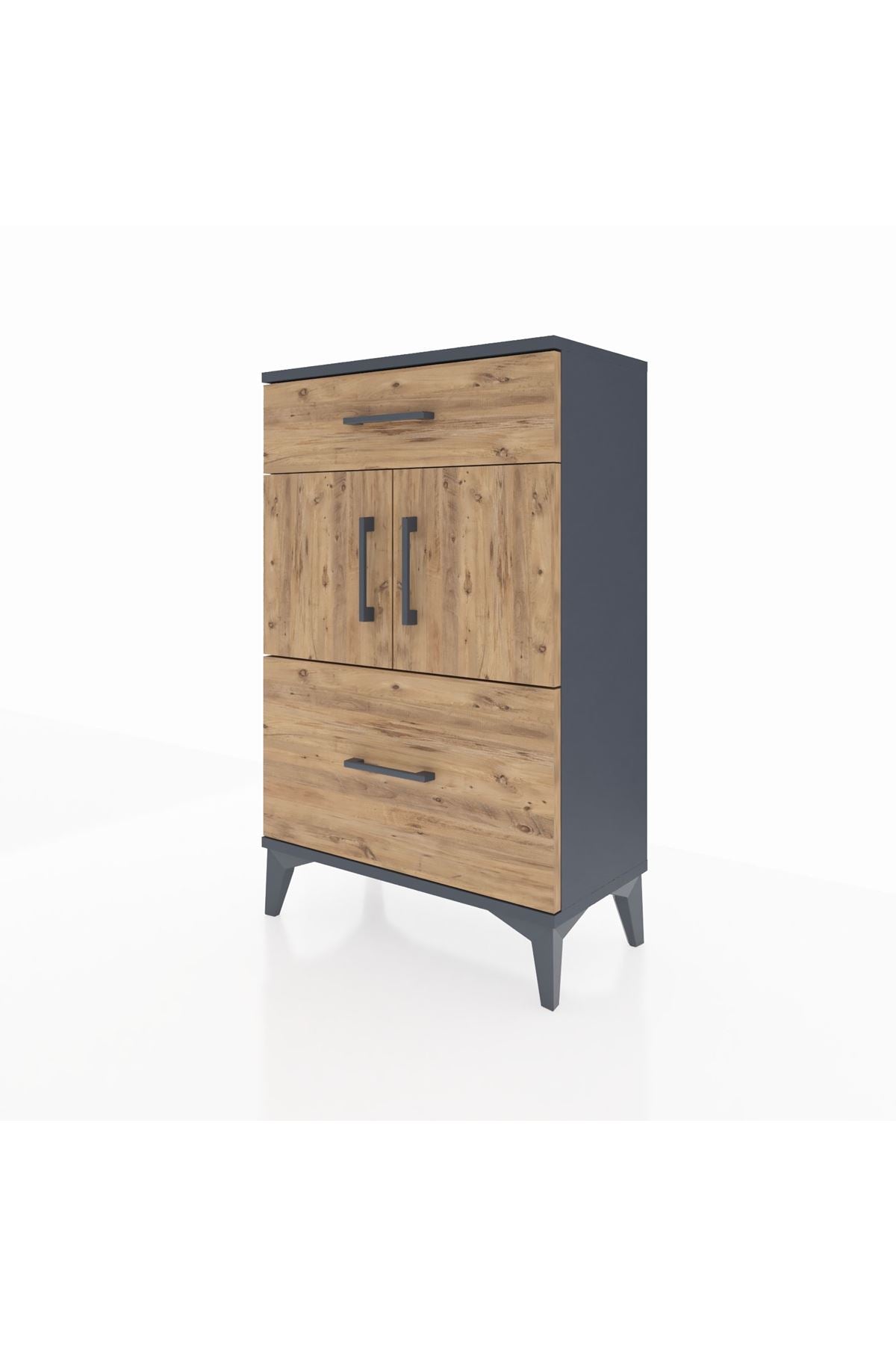 Arges Komodin Tek Raflı 2 Çekmeceli 2 Kapaklı 60x30x96 Antrasit-Çam